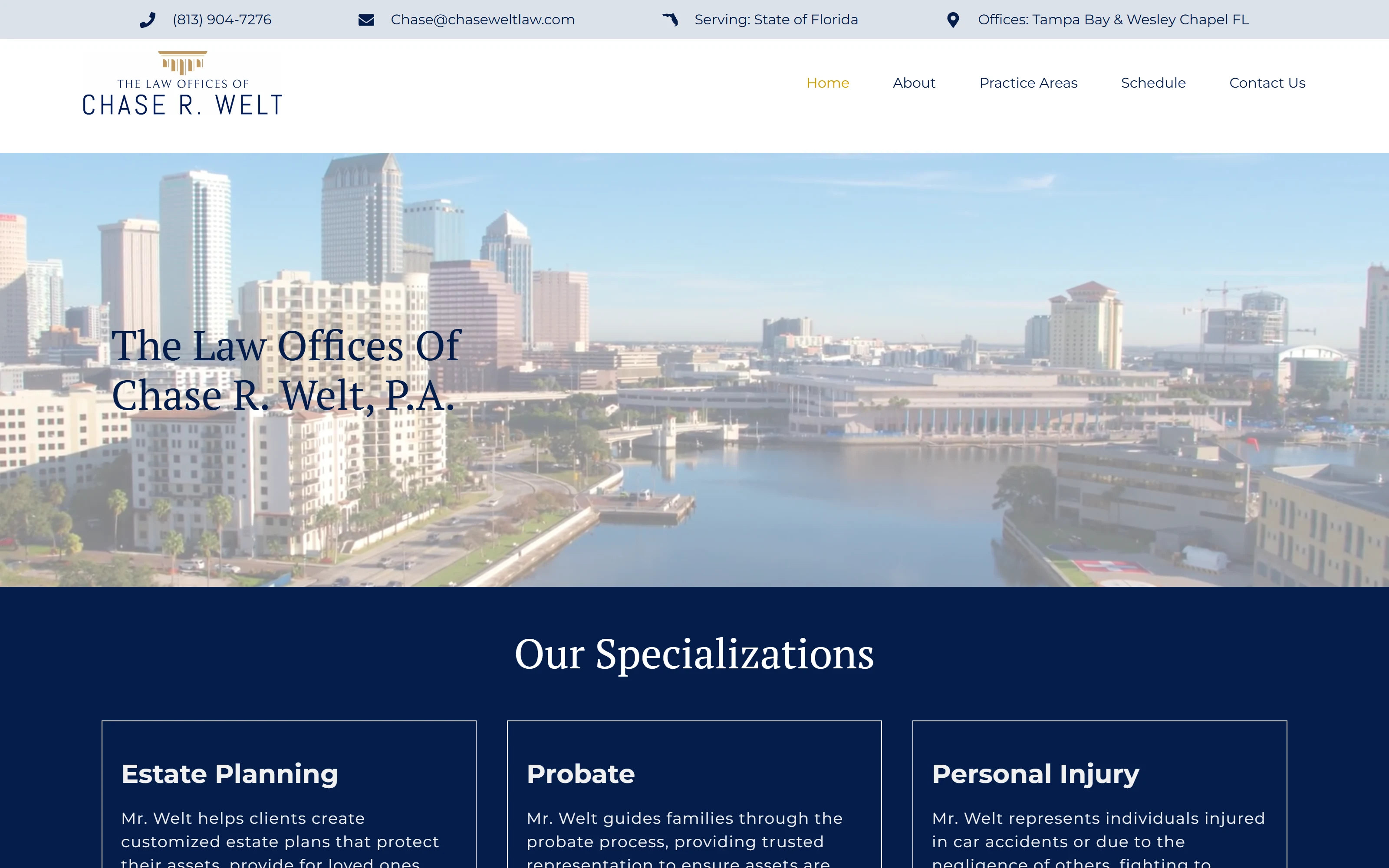 Law Offices of Chase R. Welt website hero: the Tampa skyline behind the firm name in classic serif type