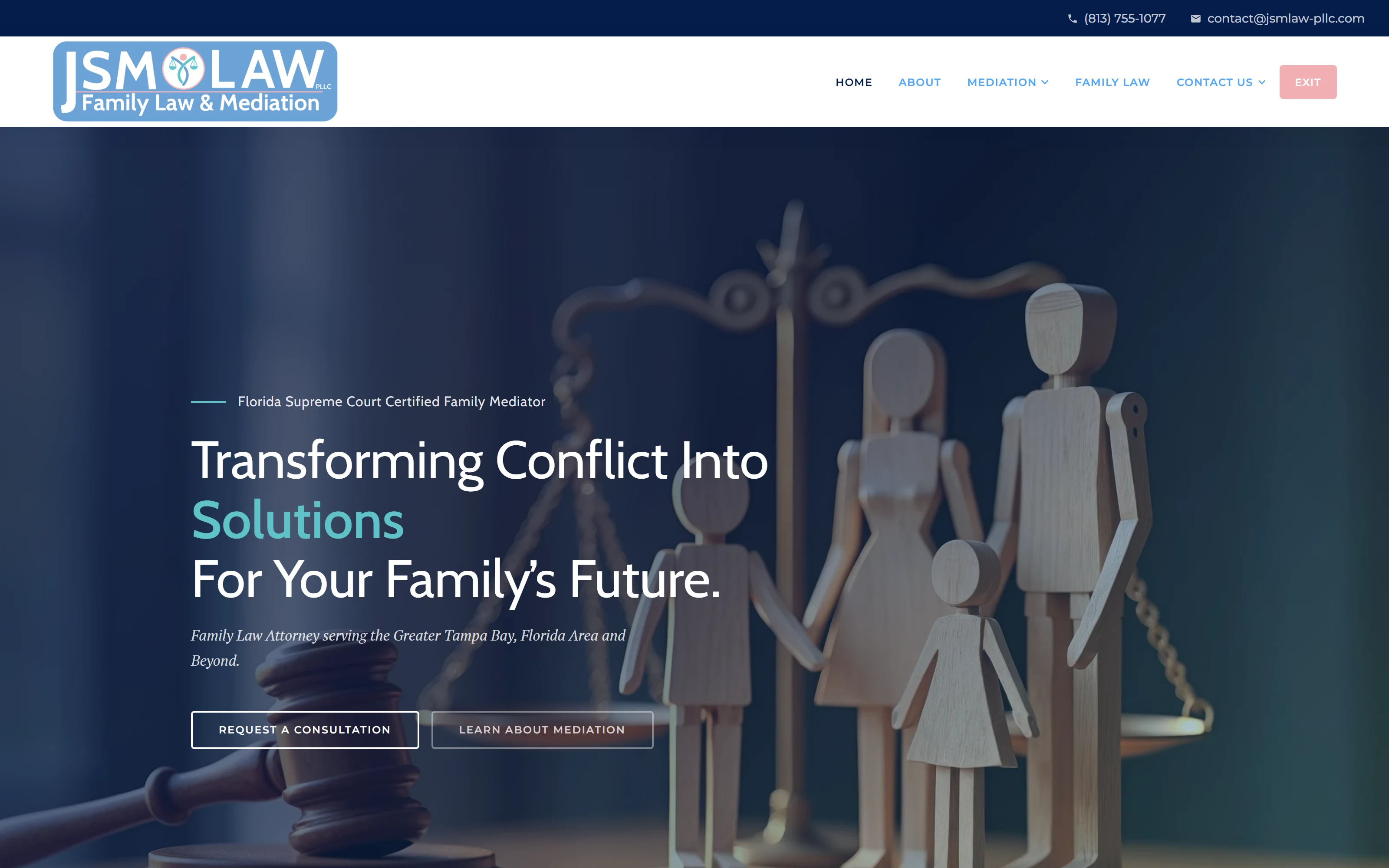 JSM Law website hero: wooden family figures beside scales of justice behind the headline Transforming Conflict Into Solutions For Your Family's Future