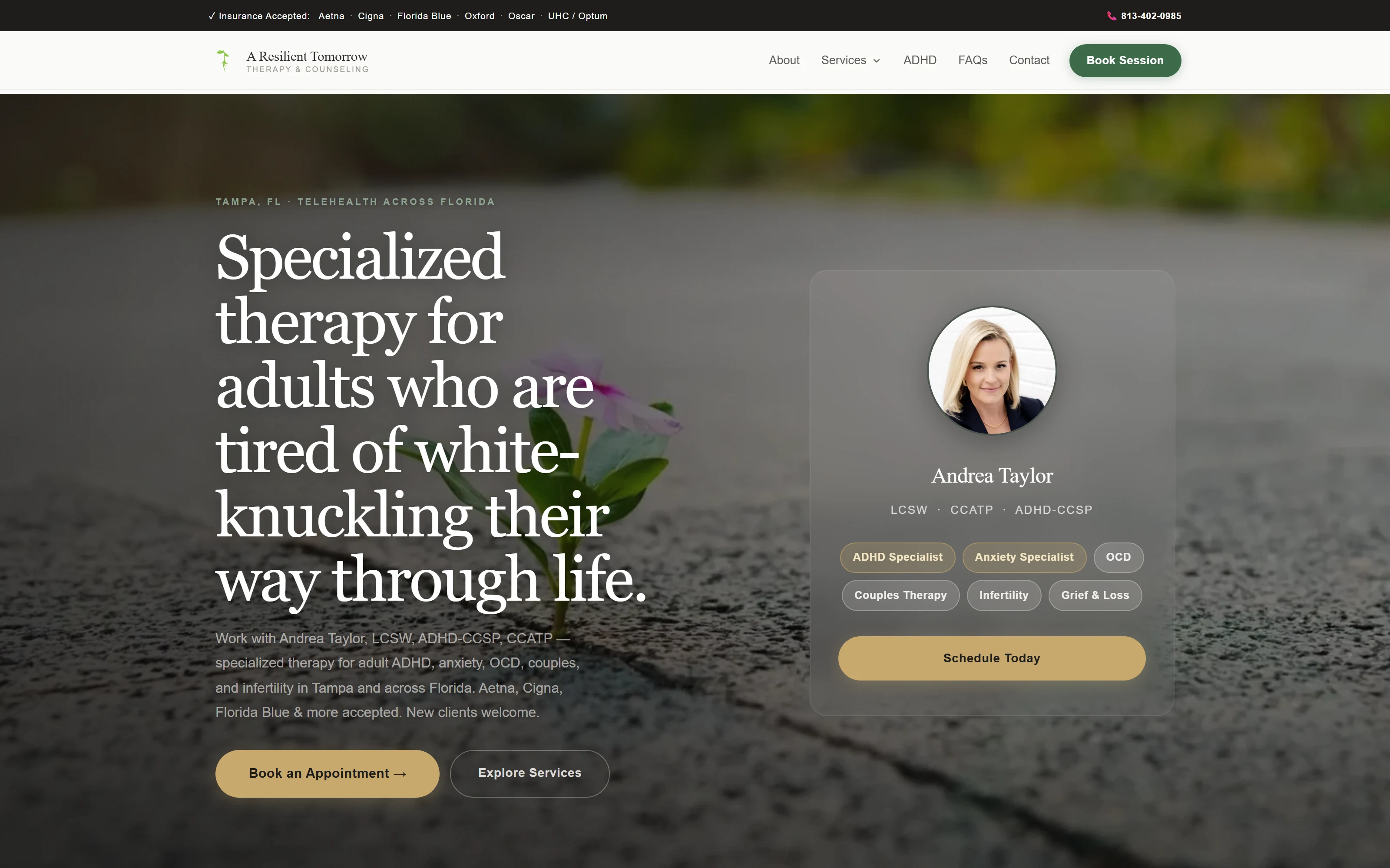 A Resilient Tomorrow website hero: a flower growing through pavement behind the headline Specialized therapy for adults, with therapist Andrea Taylor's credentials