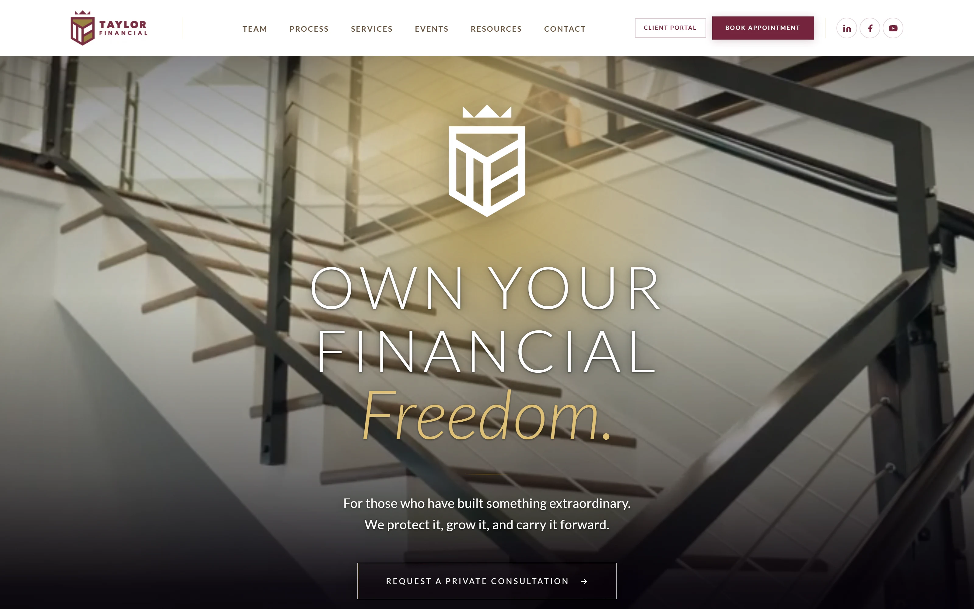 Taylor Financial website hero: an architectural staircase behind the headline Own Your Financial Freedom