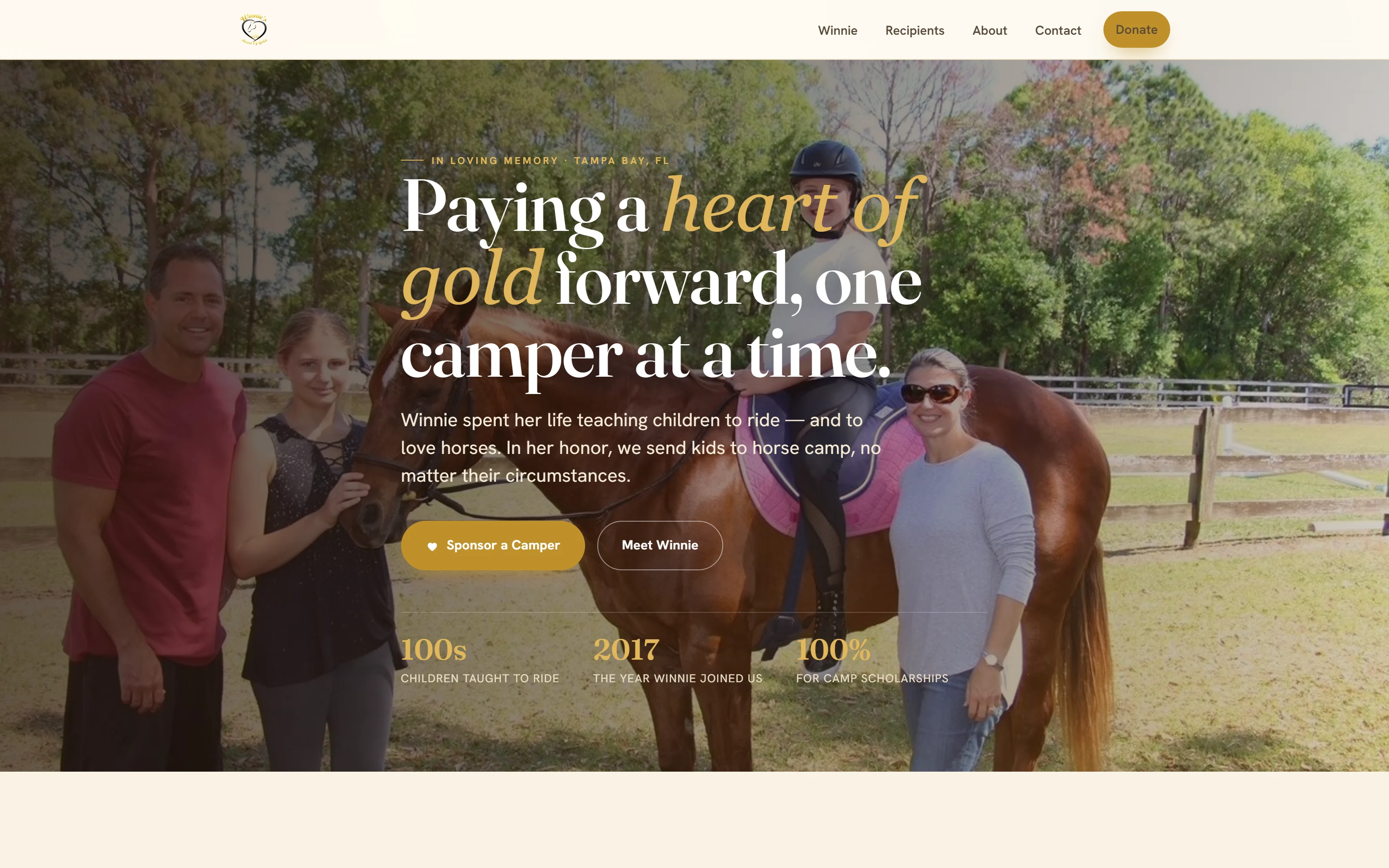 Winnie's Heart of Gold website hero: a family with a chestnut horse and young rider behind the headline Paying a heart of gold forward, one camper at a time