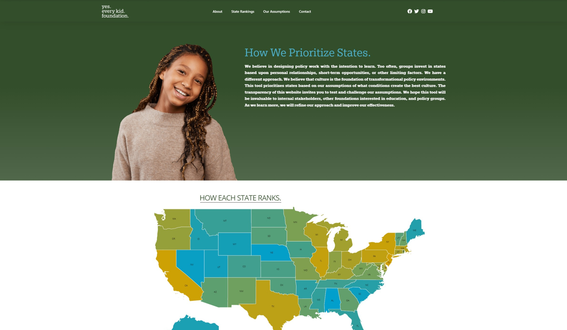 Yes Every Kid Foundation website with interactive state map